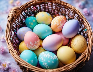 Fototapeta na wymiar Panier avec des œufs de Pâques multicolore