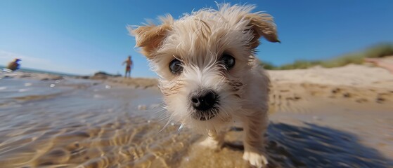 Little white puppy playing on the beach in bright sunlight