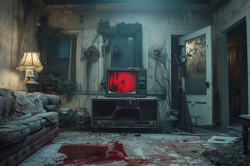 eerie red television screen in dirty living room