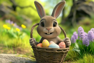Happy Easter Eggs Basket powder. Bunny in flower easter Texture decoration Garden. Cute hare 3d Food coloring easter rabbit spring illustration. Holy week statement card wallpaper trickster