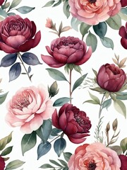 Burgundy blush floral composition. Watercolor romantic blooms.