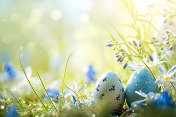 Happy Easter Eggs Basket Joy. Bunny in flower easter Vibrant decoration Garden. Cute hare 3d Baby blue easter rabbit spring illustration. Holy week Climbing flower card wallpaper Rose Froth