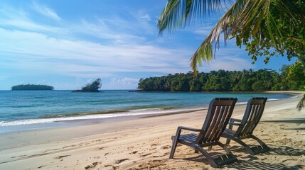 A serene beach scene with chairs arranged on the sandy shore, inviting relaxation by the sea