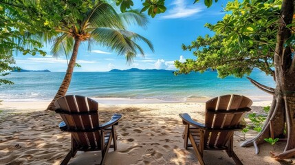 A serene beach scene with chairs arranged on the sandy shore, inviting relaxation by the sea