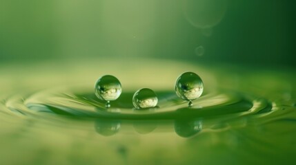 A trio of water droplets captured in stunning detail against a soft, green backdrop, evoking a sense of tranquility and the beauty of nature