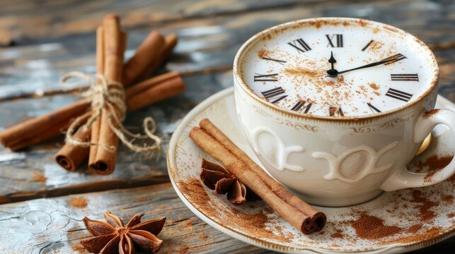 A unique moment captured during coffee time, featuring a latte art coffee cup with an intricate watch drawing, symbolizing time in a creative way