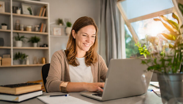 woman working on laptop; home office; online meeting