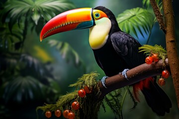 Fototapeta premium Large-beaked Tropical toucan. Forest jungle bird. Generate Ai