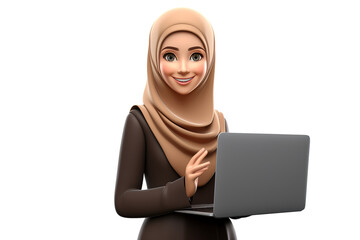 3D Cute Muslim Girl Holding Laptop on Transparent Background, Ai Generated