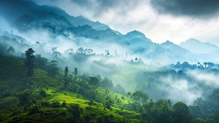 An awe-inspiring morning view of mountains shrouded in mist, showcasing the breathtaking natural scenery - obrazy, fototapety, plakaty