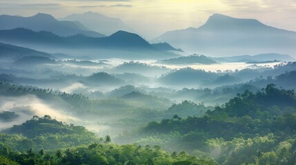 An awe-inspiring morning view of mountains shrouded in mist, showcasing the breathtaking natural scenery