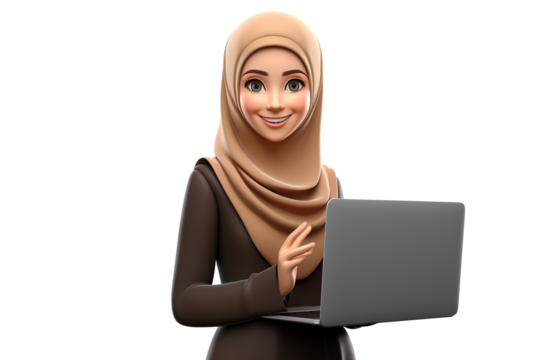 3D Cute Muslim Girl Holding Laptop on Transparent Background, Ai Generated