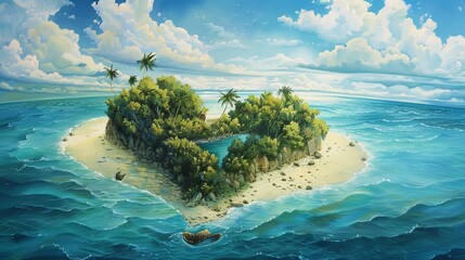 A captivating image of Paradise Island, uniquely shaped like a heart, embodying a romantic and idyllic escape in nature - obrazy, fototapety, plakaty