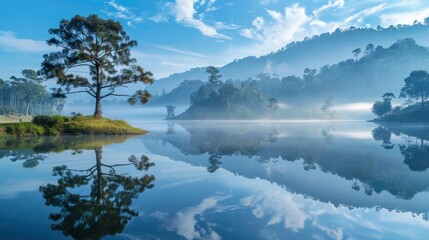 The serene beauty of Pang Ung, with the reflection of pine trees mirrored in the still lake waters - obrazy, fototapety, plakaty