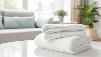 Neatly rolled up white towels are displayed on a white table, with ample copy space