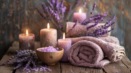 Fototapeta na wymiar A calming spa still life scene, featuring flickering candles and aromatic lavender