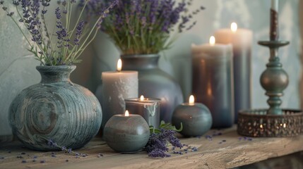 A calming spa still life scene, featuring flickering candles and aromatic lavender
