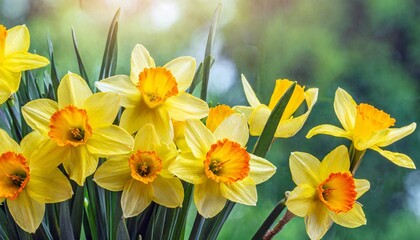 Naklejka na ściany i meble yellow flowers daffodils background bouquet of yellow narcissus or daffodil greeting card for mothers day birthday march 8