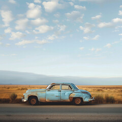 Fototapeta na wymiar Vintage Car in a Desert Landscape at Sunset
