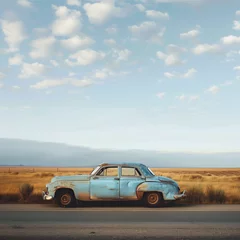 Papier Peint photo Voitures anciennes Vintage Car in a Desert Landscape at Sunset