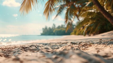 A summer paradise captured with an exotic sandy beach in the foreground, where blurred palms and the sea create a dreamy, distant background