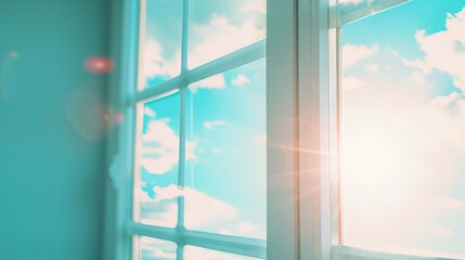A serene morning sky background with sunshine filtering through soft, pastel blue and white clouds, creating a gentle lens flare effect