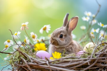 Fototapeta premium Happy Easter Eggs Basket excited. Bunny in flower easter message decoration Garden. Cute hare 3d christianity easter rabbit spring illustration. Holy week Vines card wallpaper Caption space