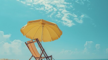 A relaxing vacation and travel concept featuring a beach umbrella and chair, inviting a sense of leisure and enjoyment by the seaside