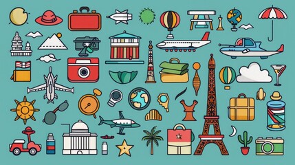 A collection of vector travel icons, creatively designed to represent various aspects of travel and adventure in a visually appealing set