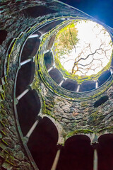 Initiation Well (Inverted tower) at park of Quinta da Regaleira palace in Sintra, Portugal