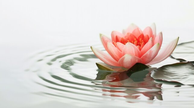 A Zen-inspired image of a delicate lotus flower floating gracefully in water, set against a pristine white background