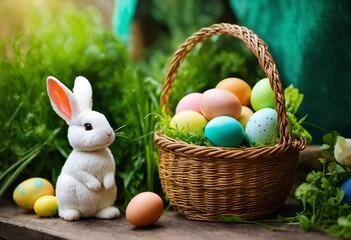Fototapeta na wymiar Petit lapin blanc debout à côté d'un panier avec des œufs de Pâques