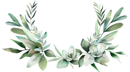 Watercolor green floral illustration on white background. Leaf frame, border, for wedding stationary, greetings, wallpapers, fashion, anniversary