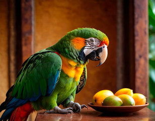 A macaw parrot stands beside a bowl of lemons, against a wooden textured backdrop indoors, its brilliant feathers highlighting the contrast and beauty of nature's palette.