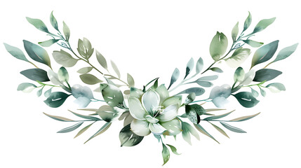 Watercolor green floral illustration on white background. Leaf frame, border, for wedding stationary and greetings - obrazy, fototapety, plakaty