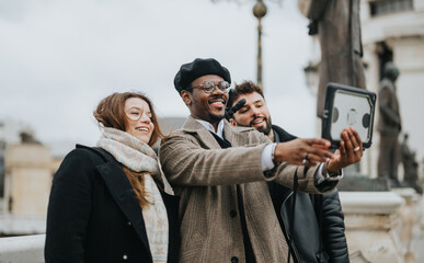 A multicultural group of young entrepreneurs captures a moment with a selfie during an informal outdoor business meet-up.
