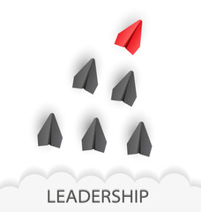 Leadership concept. Unique red leader paper plane lead other with word LEADERSHIP. Vector