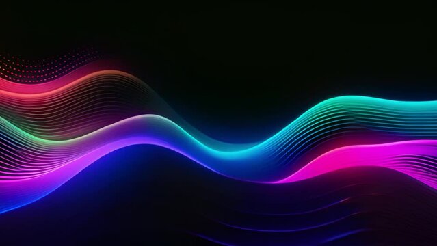 Rainbow waves psychedelic rainbow lines 4k video. Slow wave motion of bright planes made of lines on black background. Abstract concept of soundwaves, artificial intelligence and big data. 4K video 