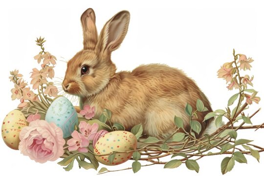 Happy Easter Eggs Basket lavender blue. Bunny in flower easter plush cushion decoration Garden. Cute hare 3d soil easter rabbit spring illustration. Holy week Rose Cotton card wallpaper fast
