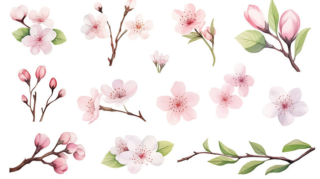 Watercolor cherry blossom flower blooming collection set . Pink sakura flower on white background