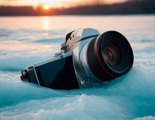A camera dips into icy waters at sunset, capturing the essence of adventure and the durability of technology designed to withstand nature's extremes. - obrazy, fototapety, plakaty