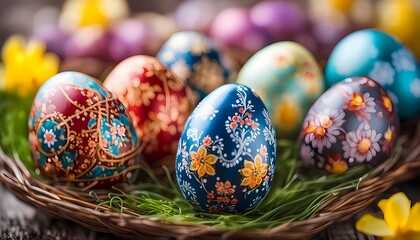 easter eggs in a basket Ukrainian slavic - obrazy, fototapety, plakaty