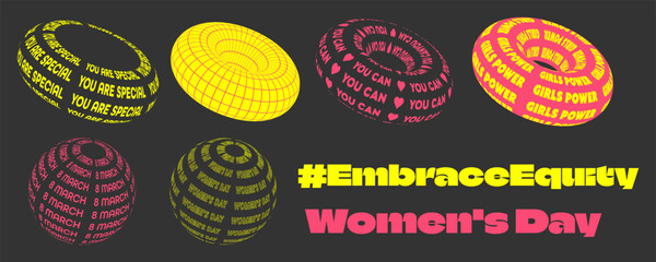 Set of y2k stickers. 3d retro shape collection. Women power. Neon elements in trendy style.