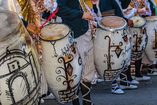 Candombe drummers at street, calls parade, montevideo, uruguay