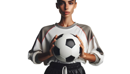 woman player hand hold soccer ball isolated on transparent background