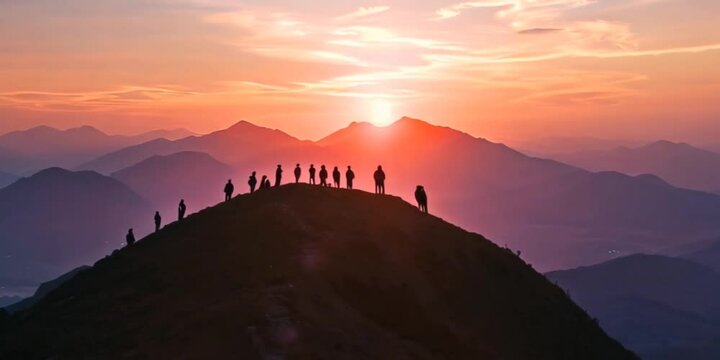 Drone footage showing a breathtaking sunset over mountains with people's silhouettes wandering on top