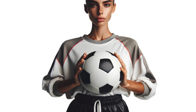 woman player hand hold soccer ball isolated on transparent background