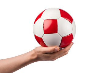 man player hand  hold soccer ball isolated on transparent background