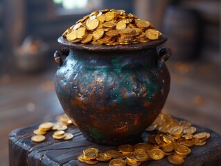 Golden Pot of Wealth A Treasure Trove of Coins and Bars Generative AI