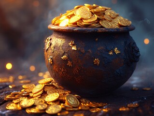 Golden Pot of Wealth A Treasure Trove of Coins and Glimmering Gold Generative AI - obrazy, fototapety, plakaty